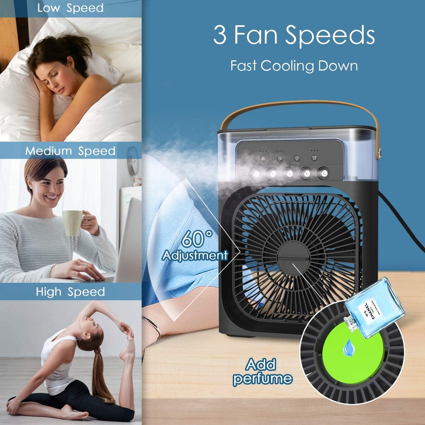 Portable Air Conditioner Fan Mini Evaporative Air Cooler With 7 Colors Led Light, 3 Wind Speeds And 3 Spray Modes For Office, Home, Travel