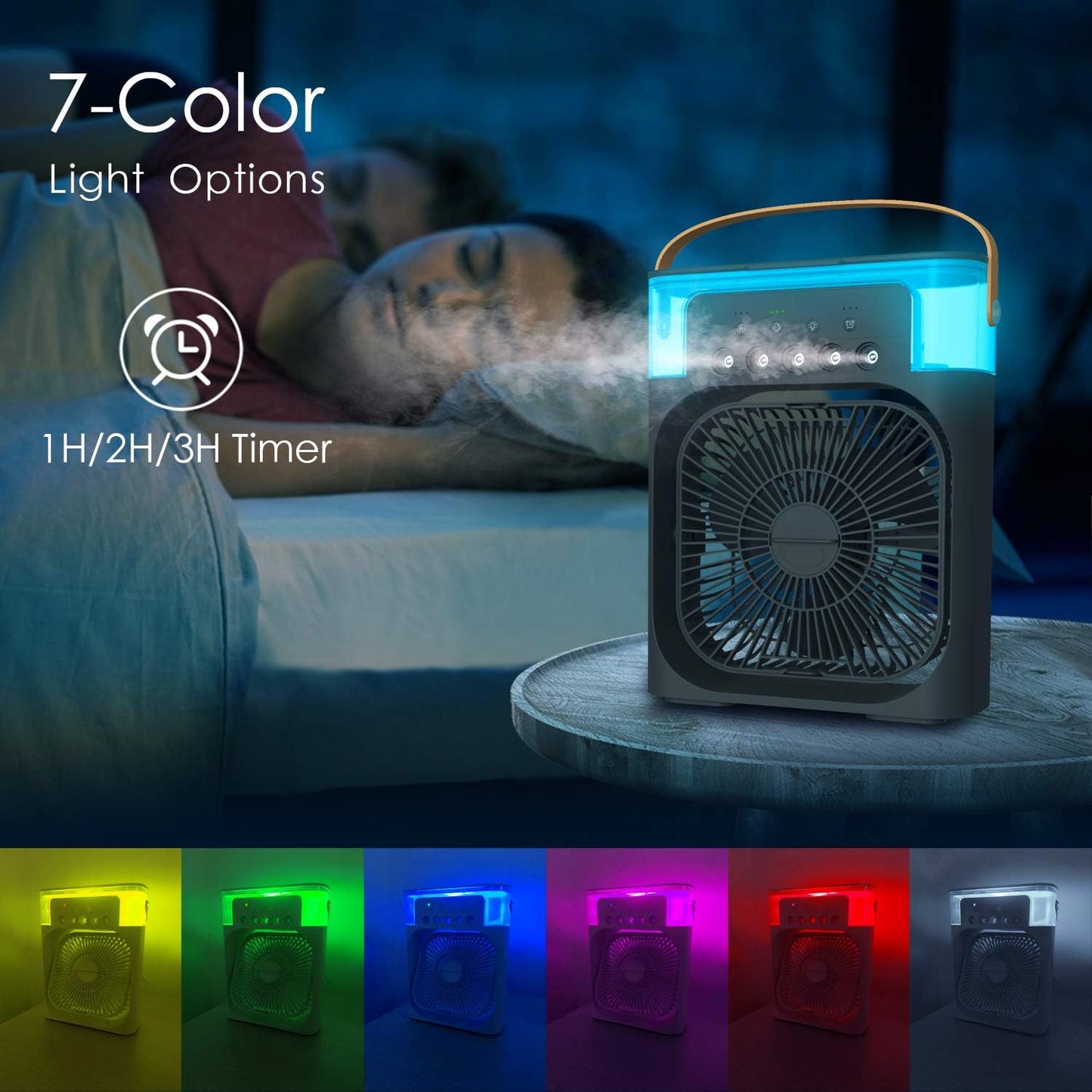 Portable Air Conditioner Fan Mini Evaporative Air Cooler With 7 Colors Led Light, 3 Wind Speeds And 3 Spray Modes For Office, Home, Travel
