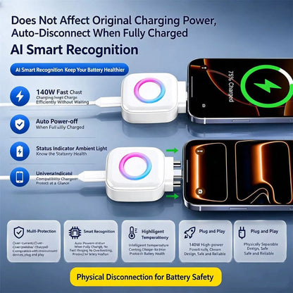 140W Smart Auto Disconnect USB-C Fast Charging Adapter | Self-Unplugging Charger with Battery Protection