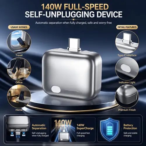 140W Smart Auto Disconnect USB-C Fast Charging Adapter | Self-Unplugging Charger with Battery Protection