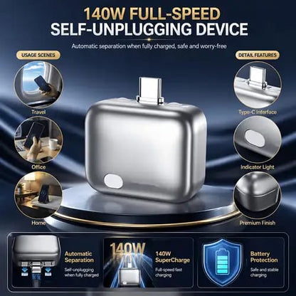140W Smart Auto Disconnect USB-C Fast Charging Adapter | Self-Unplugging Charger with Battery Protection