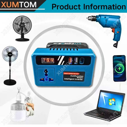 Multifunction Intelligent Inverter 18V-21V Portable Power Converter with USB Charging & Digital Display for Fans, Lights, Drills & Laptops