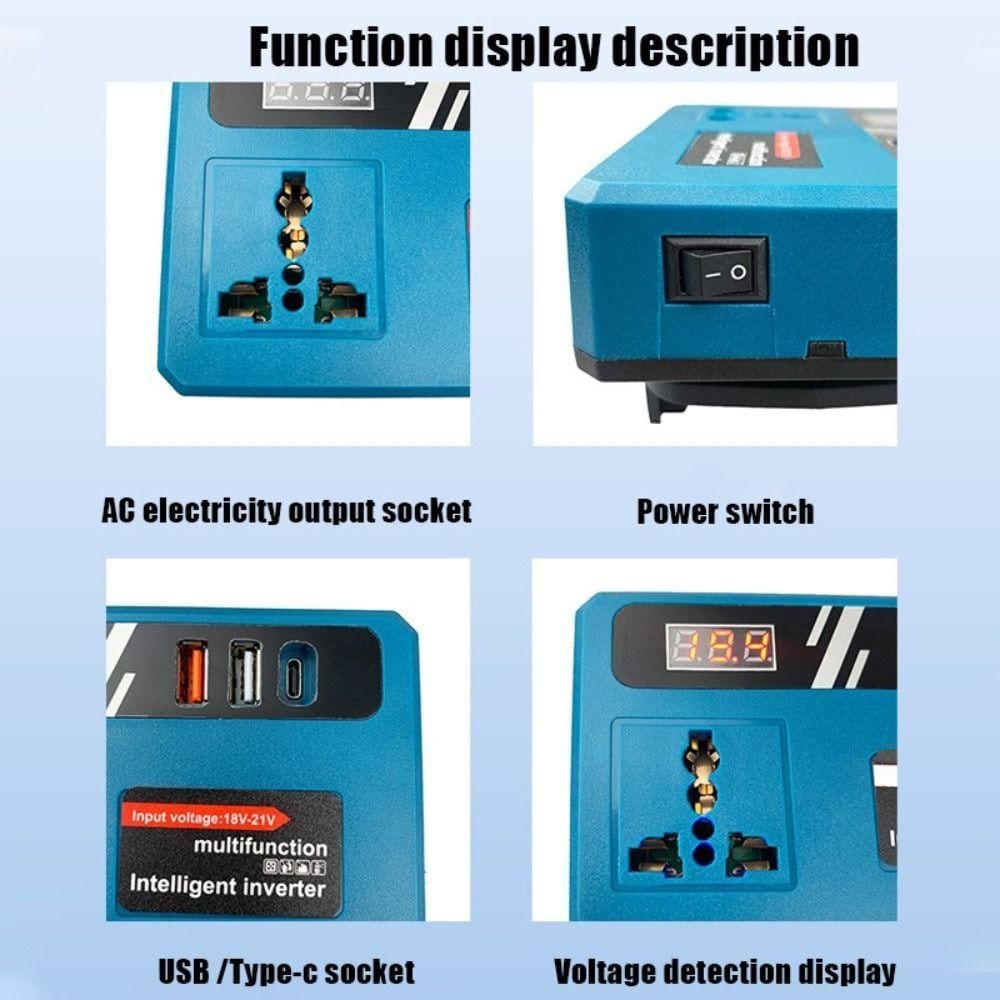 Multifunction Intelligent Inverter 18V-21V Portable Power Converter with USB Charging & Digital Display for Fans, Lights, Drills & Laptops