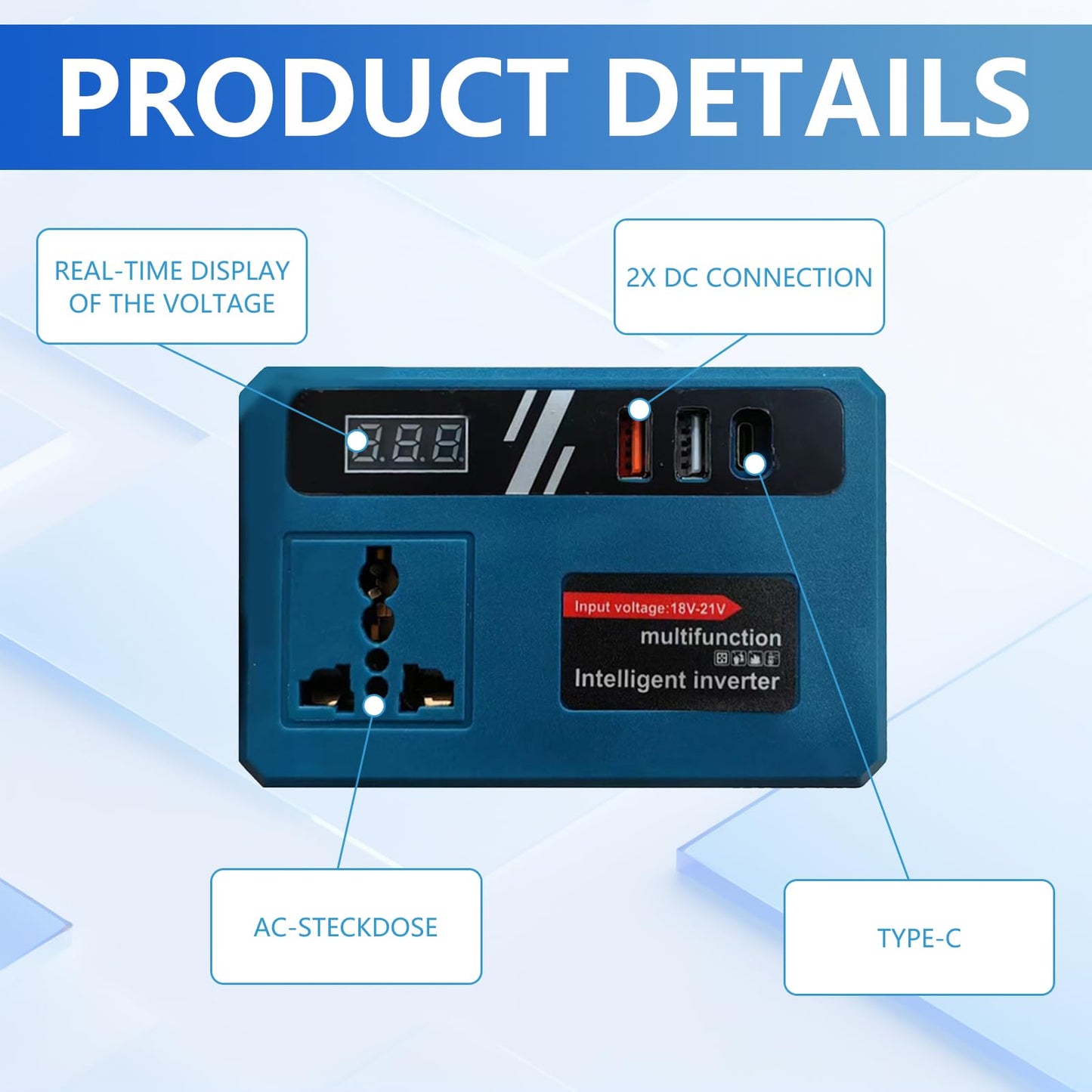 Multifunction Intelligent Inverter 18V-21V Portable Power Converter with USB Charging & Digital Display for Fans, Lights, Drills & Laptops